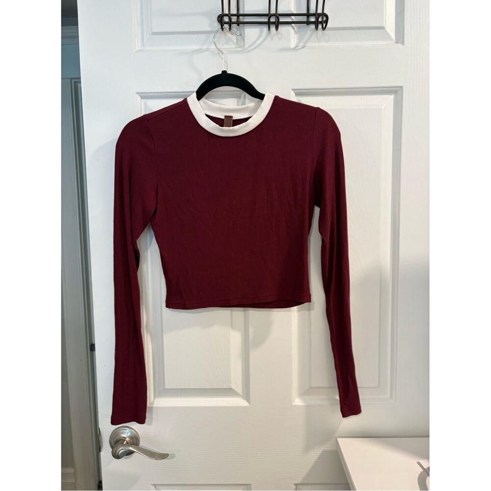 SKIMS Soft Lounge Wine Ribbed Long-Sleeve Ringer Cropped Crew White Neck Trim - Picture 3 of 5